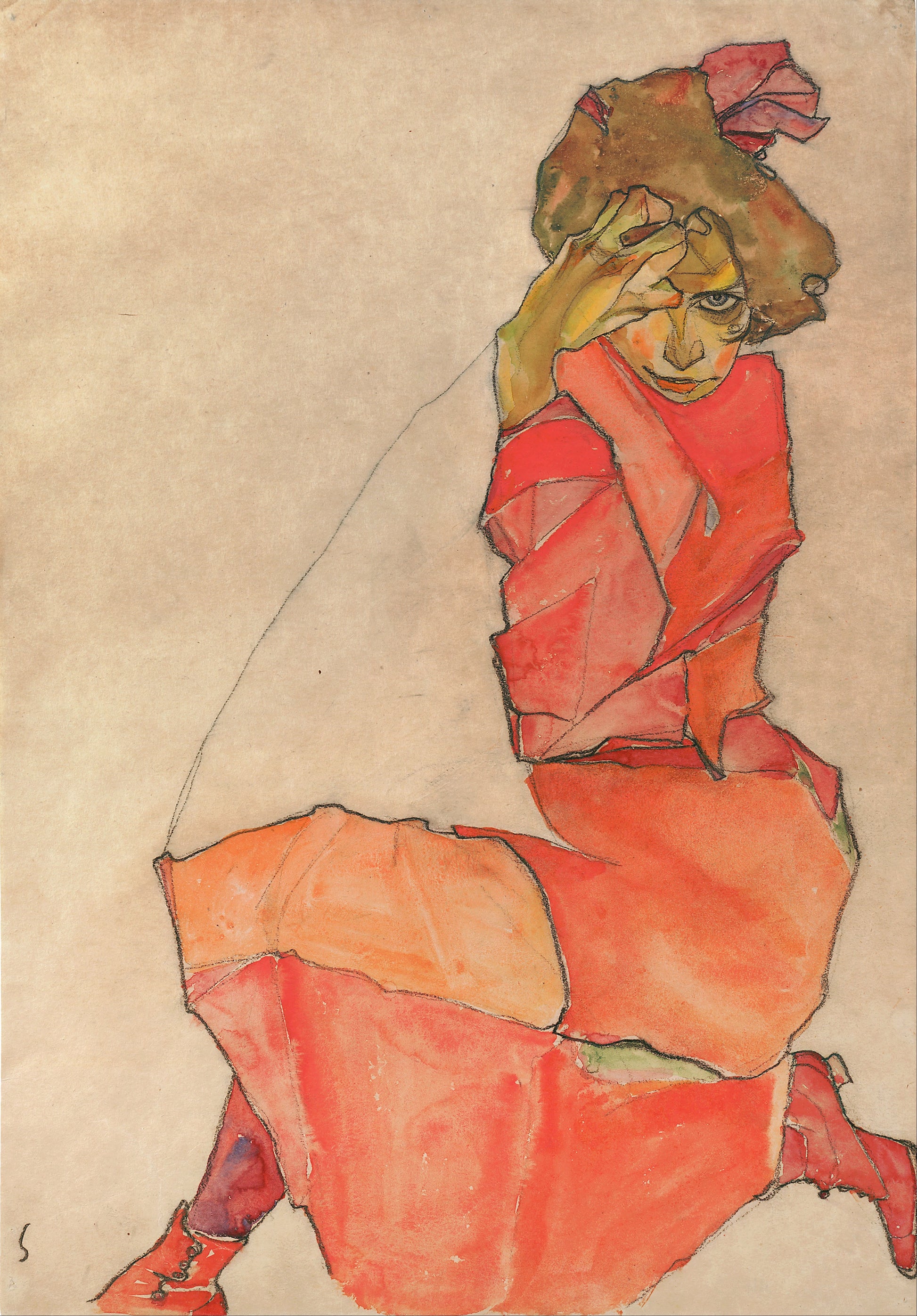 Kneeling Female in Orange-Red Dress | Egon Schiele