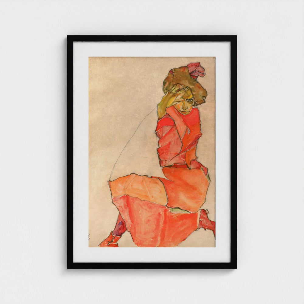 Kneeling Female in Orange-Red Dress | Egon Schiele