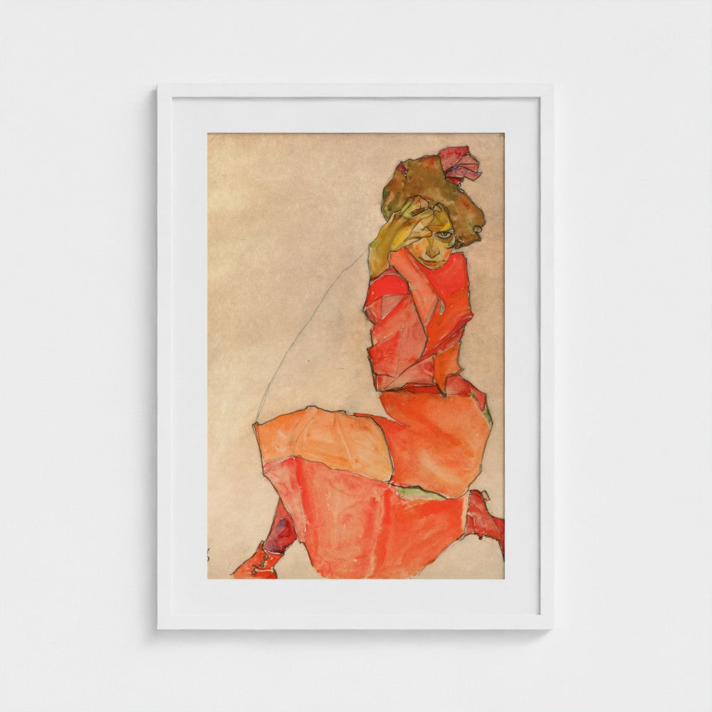 Kneeling Female in Orange-Red Dress | Egon Schiele